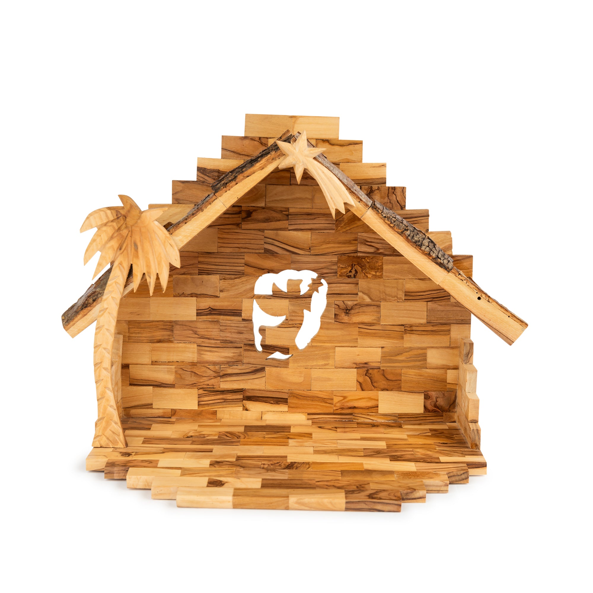 Olive Wood Nativity Scene with Stepped Stable & Palm Tree | Hand Carved Holy Family & Shepherds | Holy Land Christian Gift