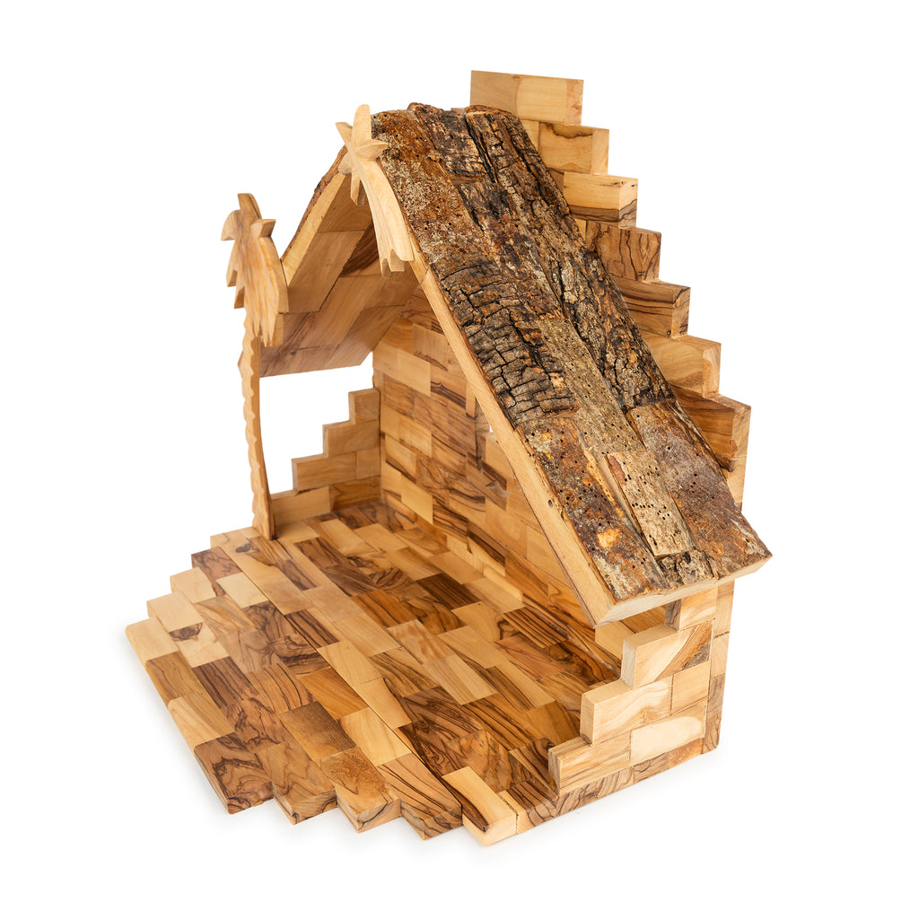 Olive Wood Nativity Scene with Stepped Stable & Palm Tree | Hand Carved Holy Family & Shepherds | Holy Land Christian Gift