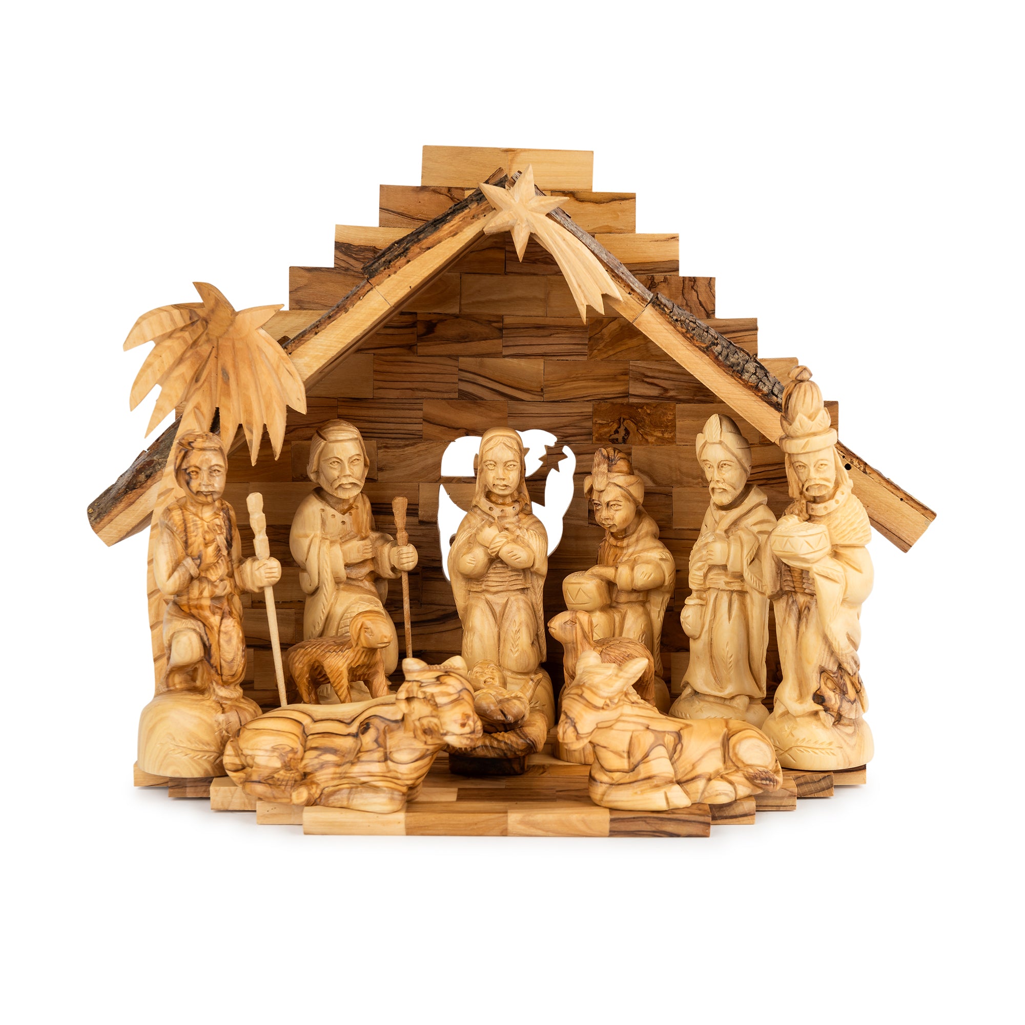 Olive Wood Nativity Scene with Stepped Stable & Palm Tree | Hand Carved Holy Family & Shepherds | Holy Land Christian Gift