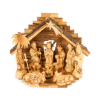 Olive Wood Nativity Scene with Stepped Stable & Palm Tree | Hand Carved Holy Family & Shepherds | Holy Land Christian Gift