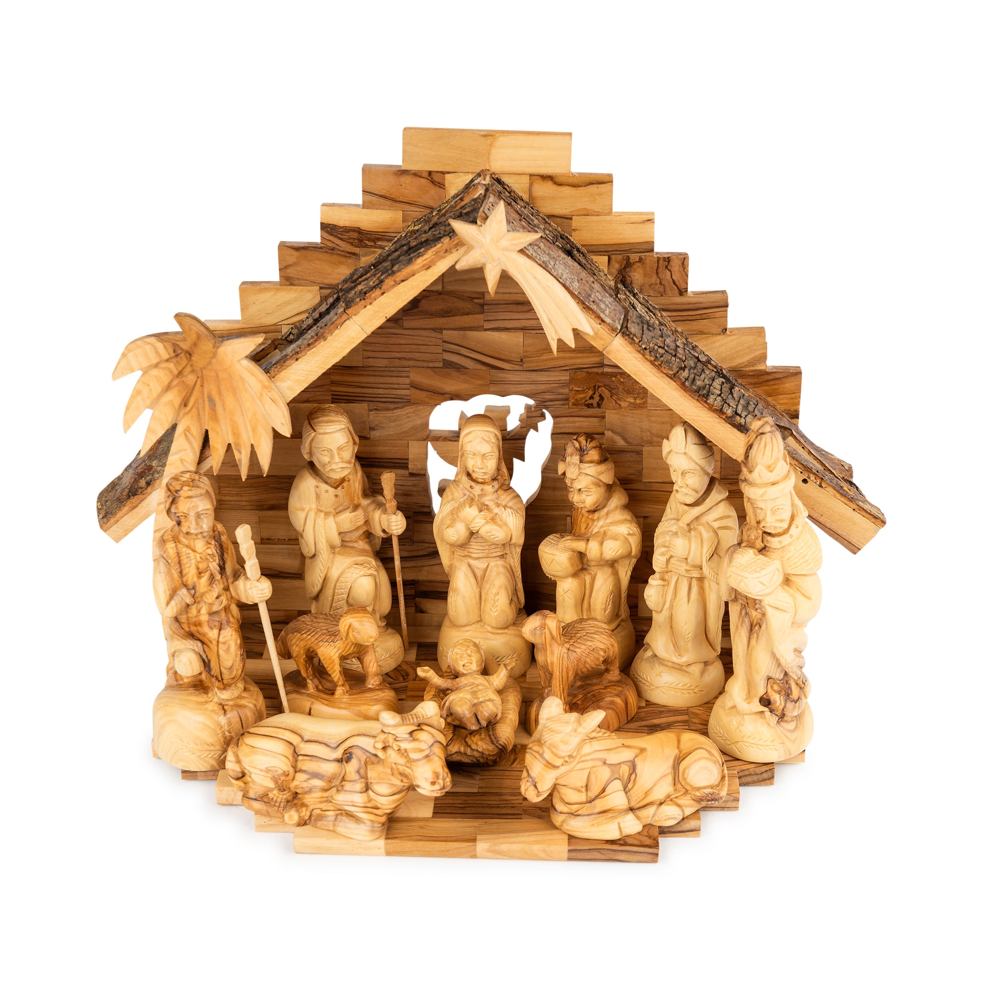 Olive Wood Nativity Scene with Stepped Stable & Palm Tree | Hand Carved Holy Family & Shepherds | Holy Land Christian Gift
