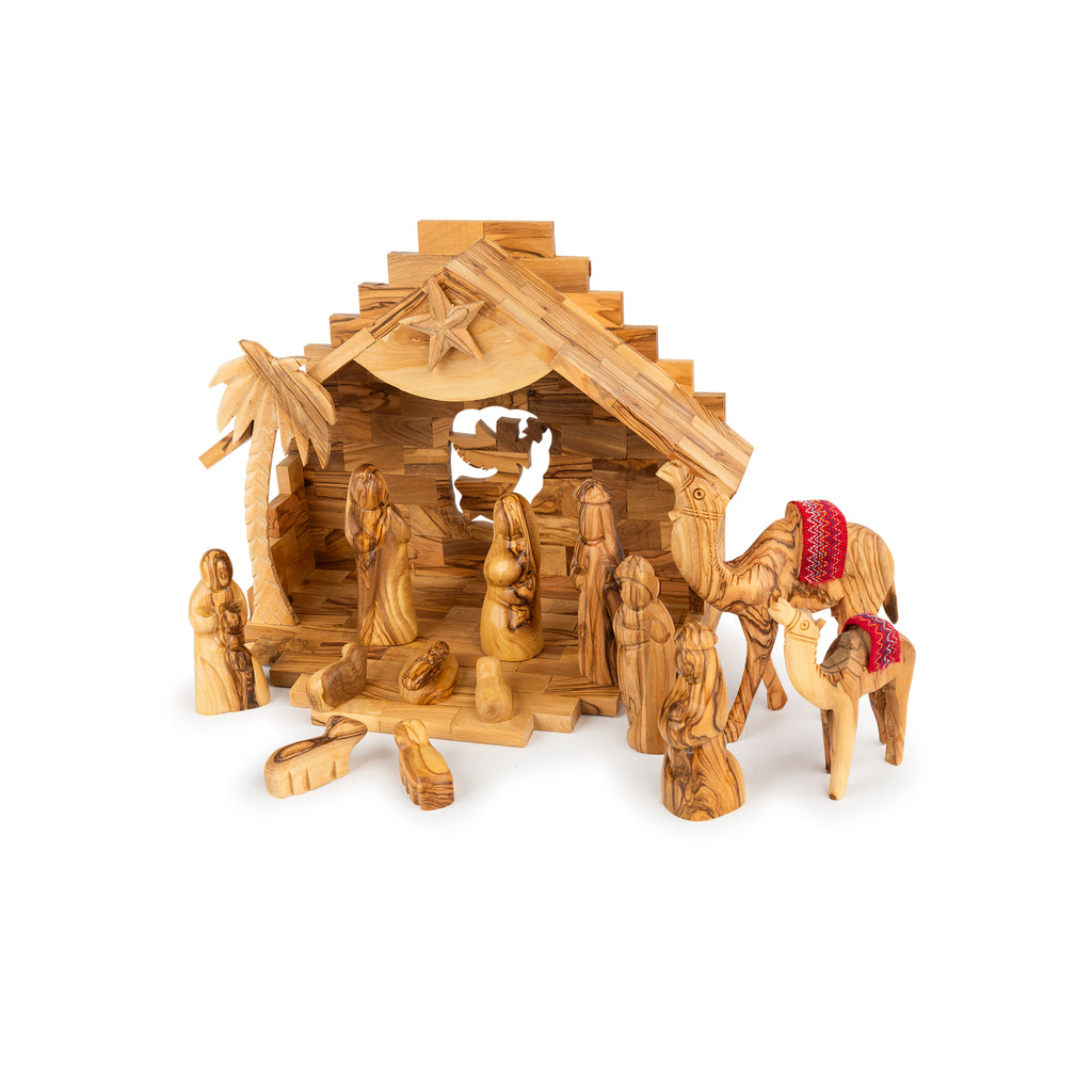 Olive Wood Nativity Scene with Camels & Stepped Stable | Hand Carved Holy Family & Magi | Holy Land Christian Gift