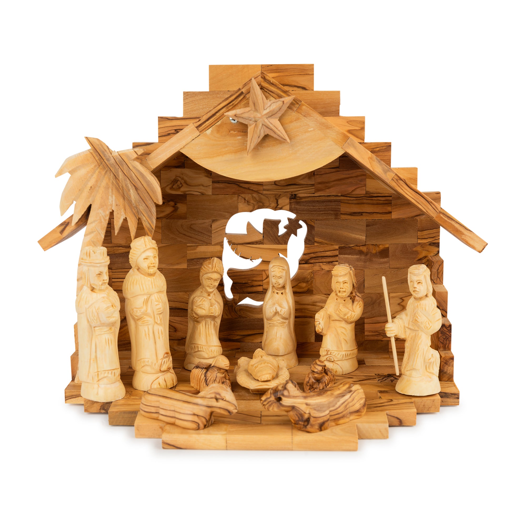 Olive Wood Nativity Scene with Camels & Stepped Stable | Hand Carved Holy Family & Magi | Holy Land Christian Gift