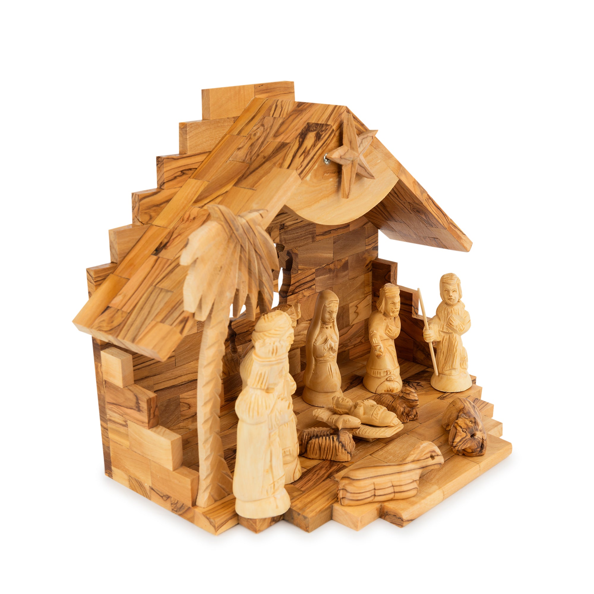 Olive Wood Nativity Scene with Camels & Stepped Stable | Hand Carved Holy Family & Magi | Holy Land Christian Gift