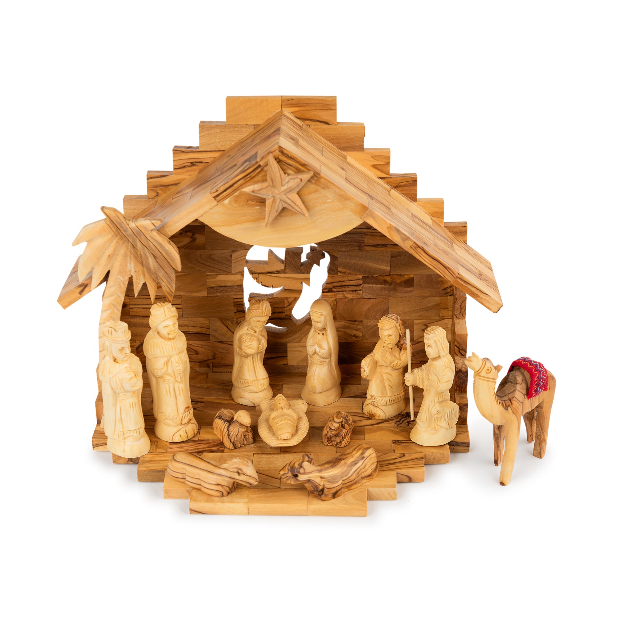 Olive Wood Nativity Scene with Camels & Stepped Stable | Hand Carved Holy Family & Magi | Holy Land Christian Gift