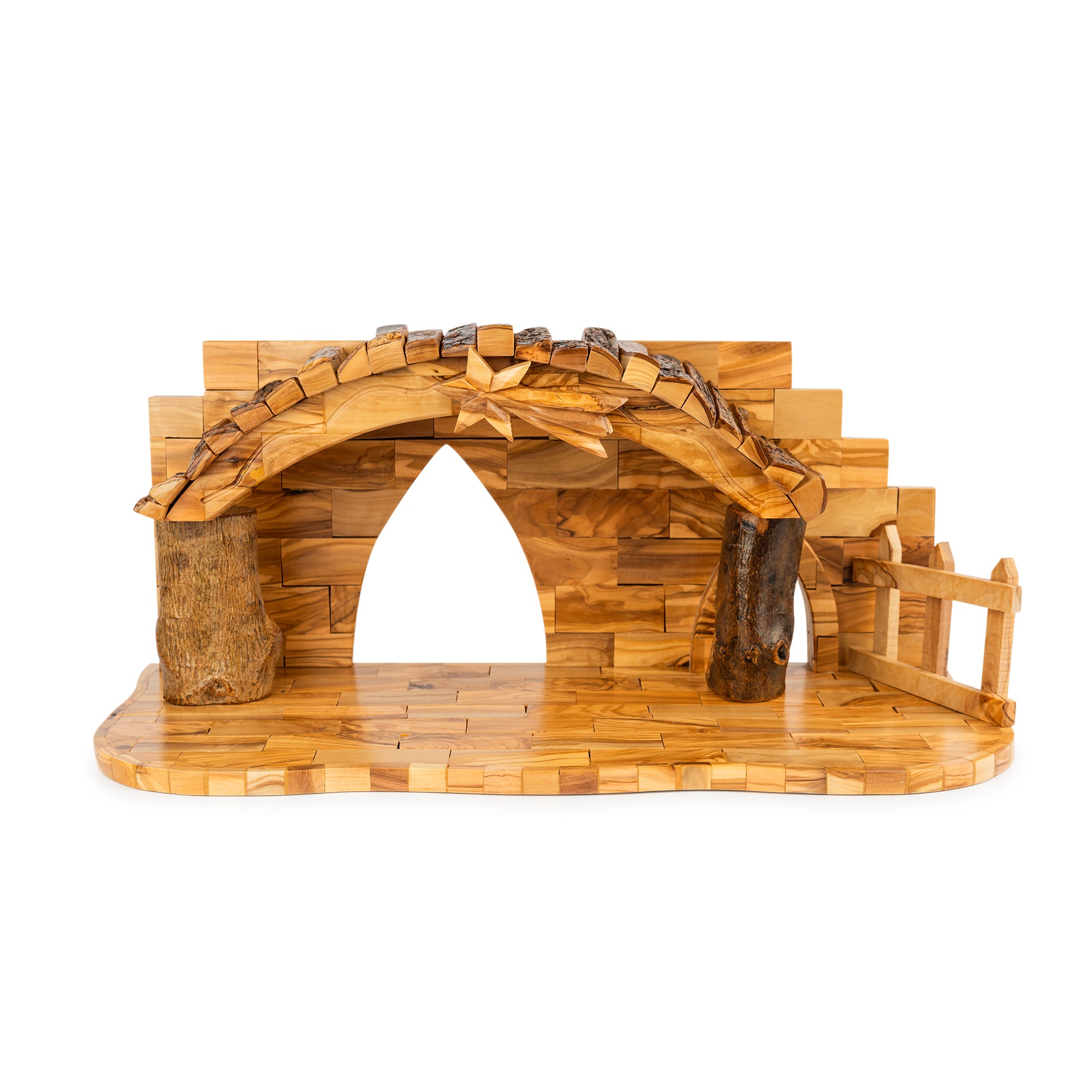 Olive Wood Nativity Scene with Arched Stable | Hand Carved Holy Family, Magi & Camel | Holy Land Christian Gift