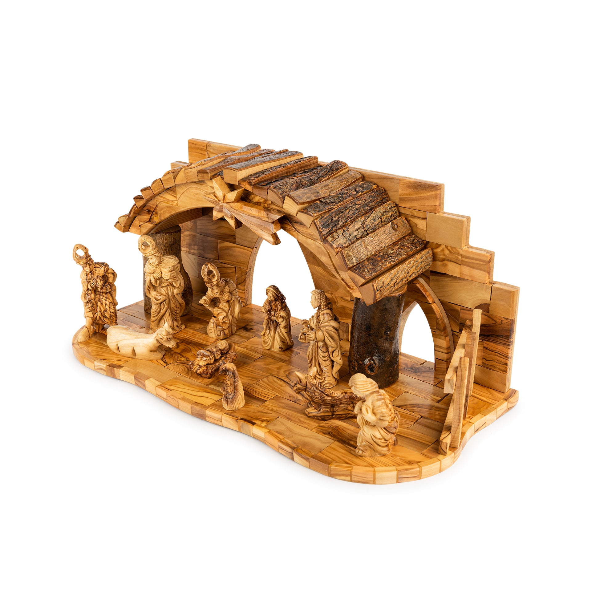 Olive Wood Nativity Scene with Arched Stable | Hand Carved Holy Family, Magi & Camel | Holy Land Christian Gift