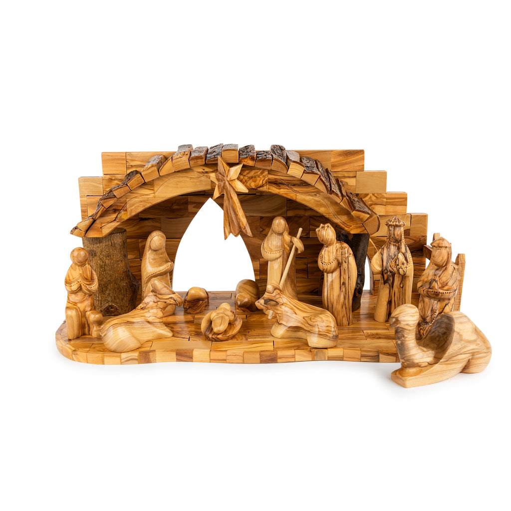 Olive Wood Nativity Scene with Arched Stable | Hand Carved Holy Family, Magi & Camel | Holy Land Christian Gift