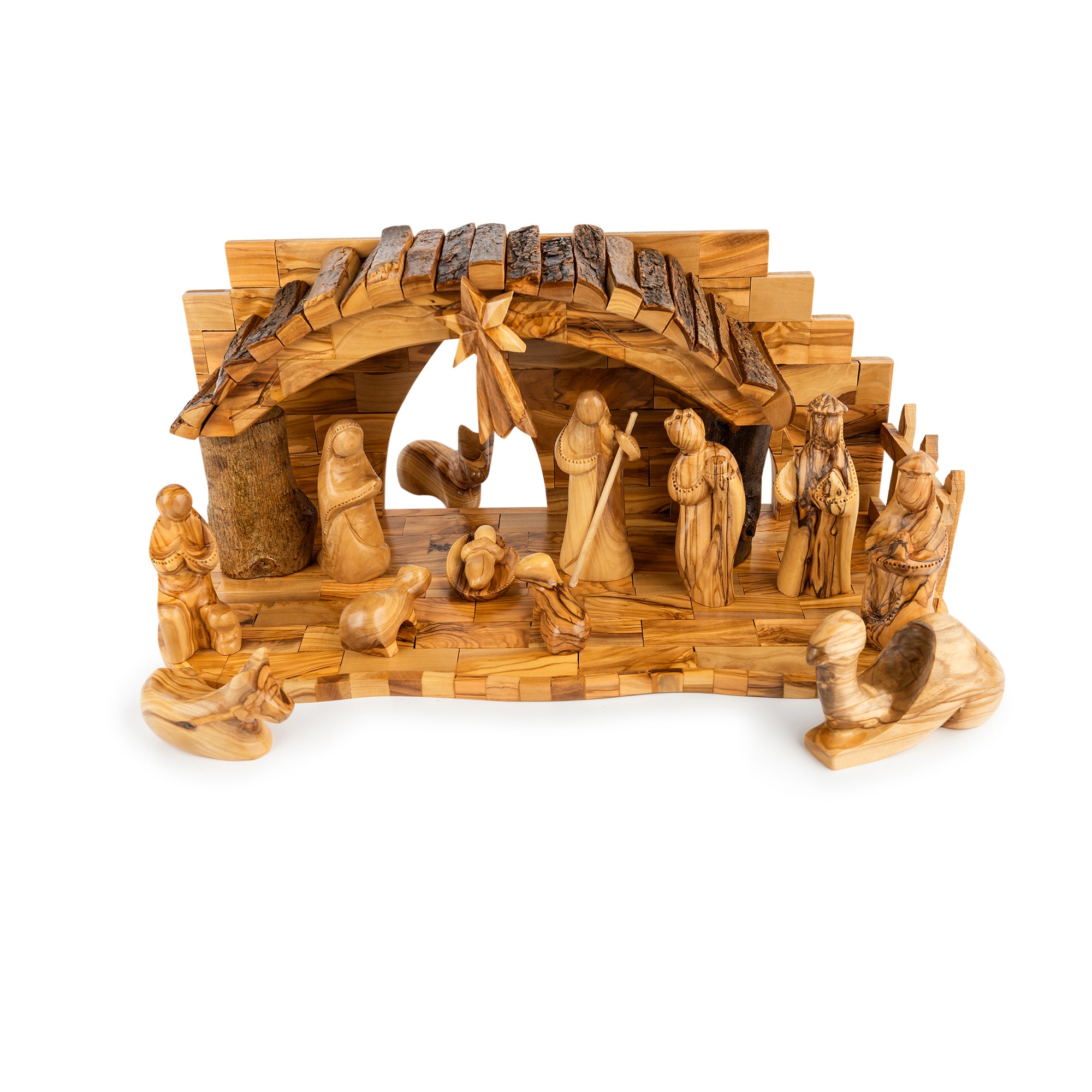 Olive Wood Nativity Scene with Arched Stable | Hand Carved Holy Family, Magi & Camel | Holy Land Christian Gift