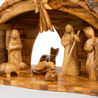 Olive Wood Nativity Scene with Arched Stable | Hand Carved Holy Family, Magi & Camel | Holy Land Christian Gift