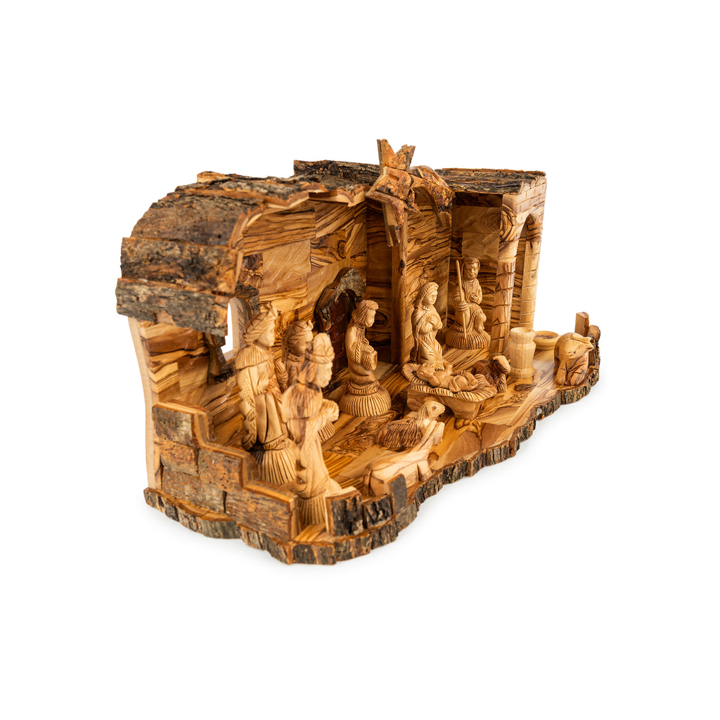 Rustic Olive Wood Nativity Scene with Large Detailed Stable | Hand Carved Holy Family & Shepherds | Holy Land Christian Gift
