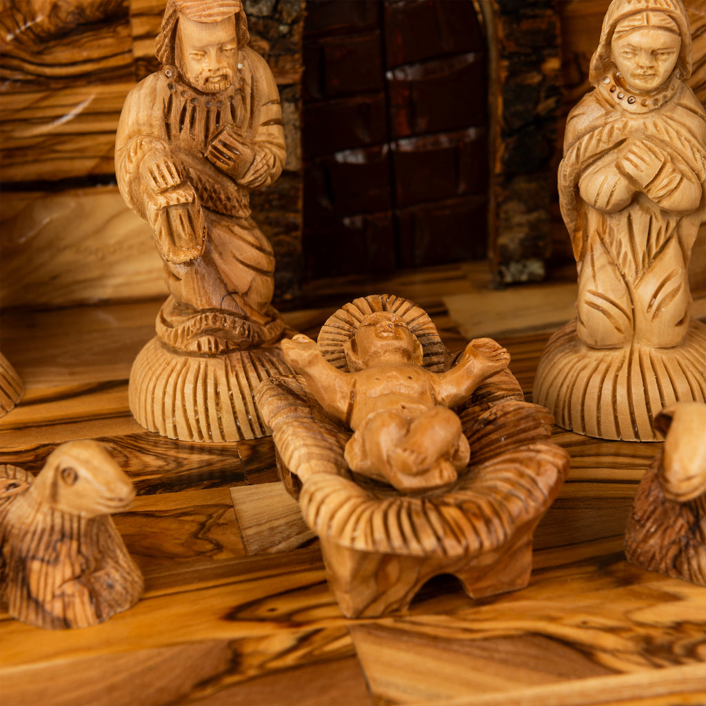 Rustic Olive Wood Nativity Scene with Large Detailed Stable | Hand Carved Holy Family & Shepherds | Holy Land Christian Gift