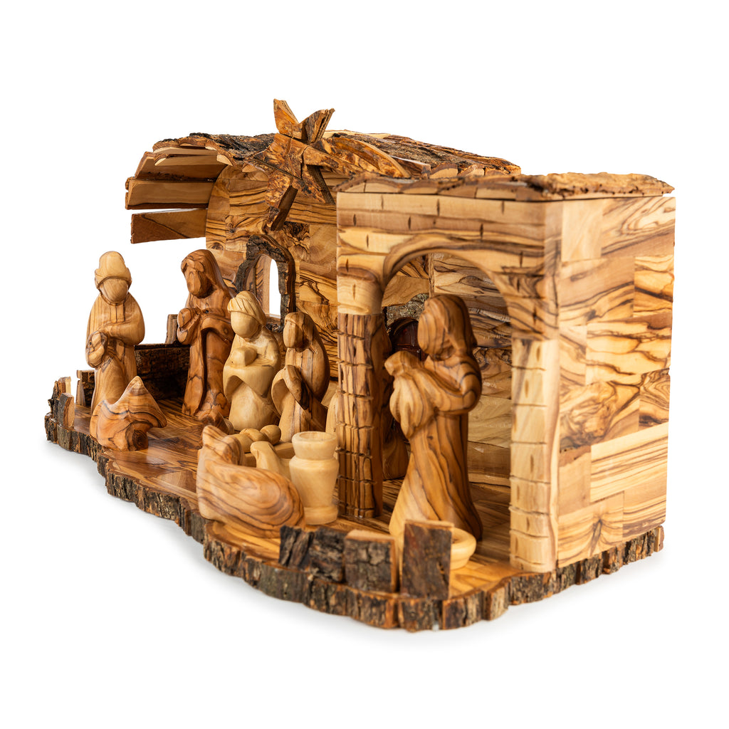 Large Rustic Olive Wood Nativity Scene | Hand Carved Holy Family & Detailed Stable | Holy Land Christian Gift