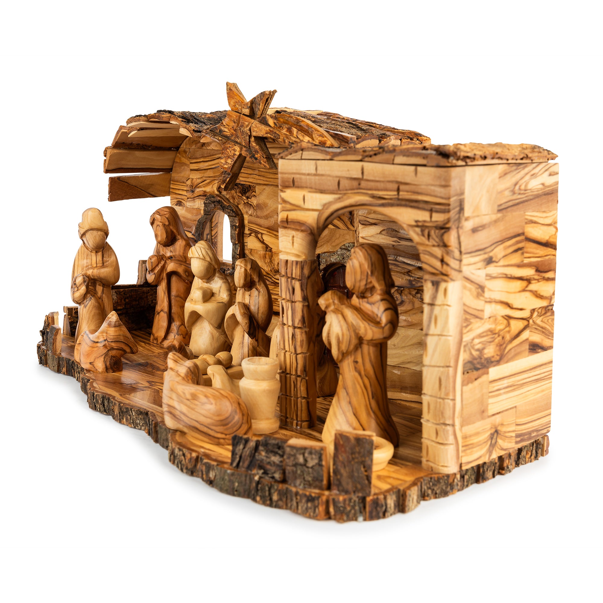 Large Rustic Olive Wood Nativity Scene | Hand Carved Holy Family & Detailed Stable | Holy Land Christian Gift