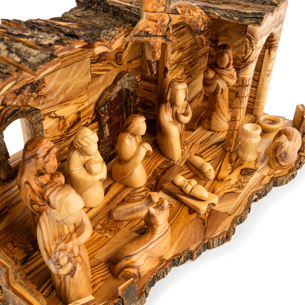 Large Rustic Olive Wood Nativity Scene | Hand Carved Holy Family & Detailed Stable | Holy Land Christian Gift