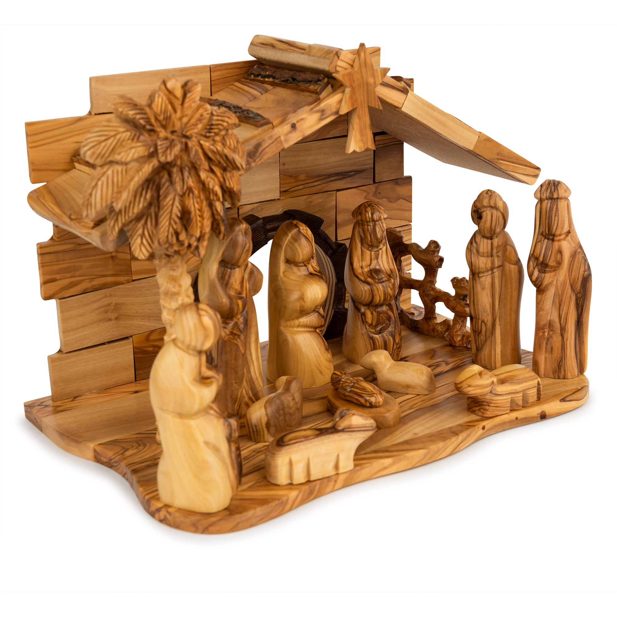 Olive Wood Nativity Scene with Palm Tree & Star | Hand Carved Holy Family & Stable | Holy Land Christian Gift