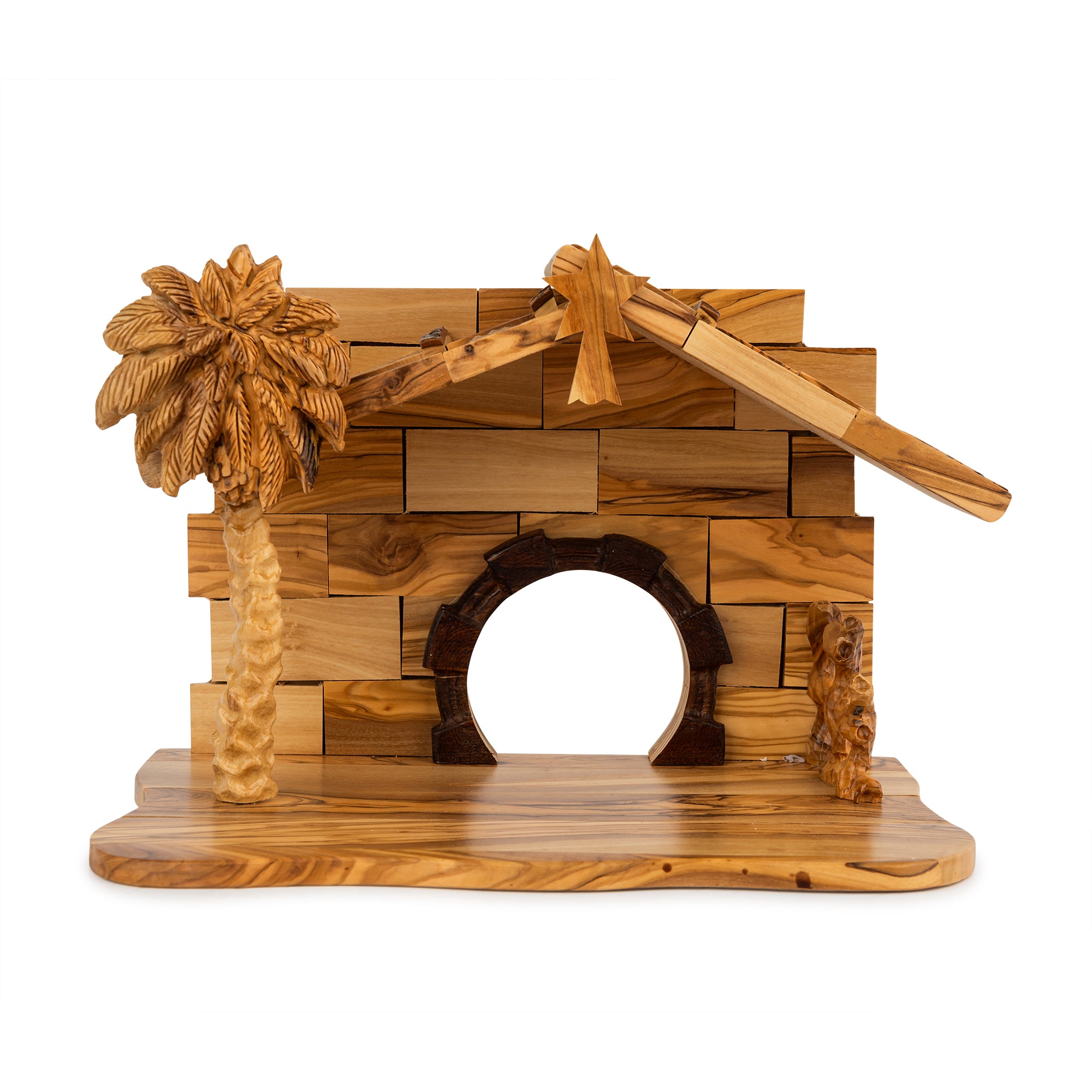 Olive Wood Nativity Scene with Palm Tree & Star | Hand Carved Holy Family & Stable | Holy Land Christian Gift