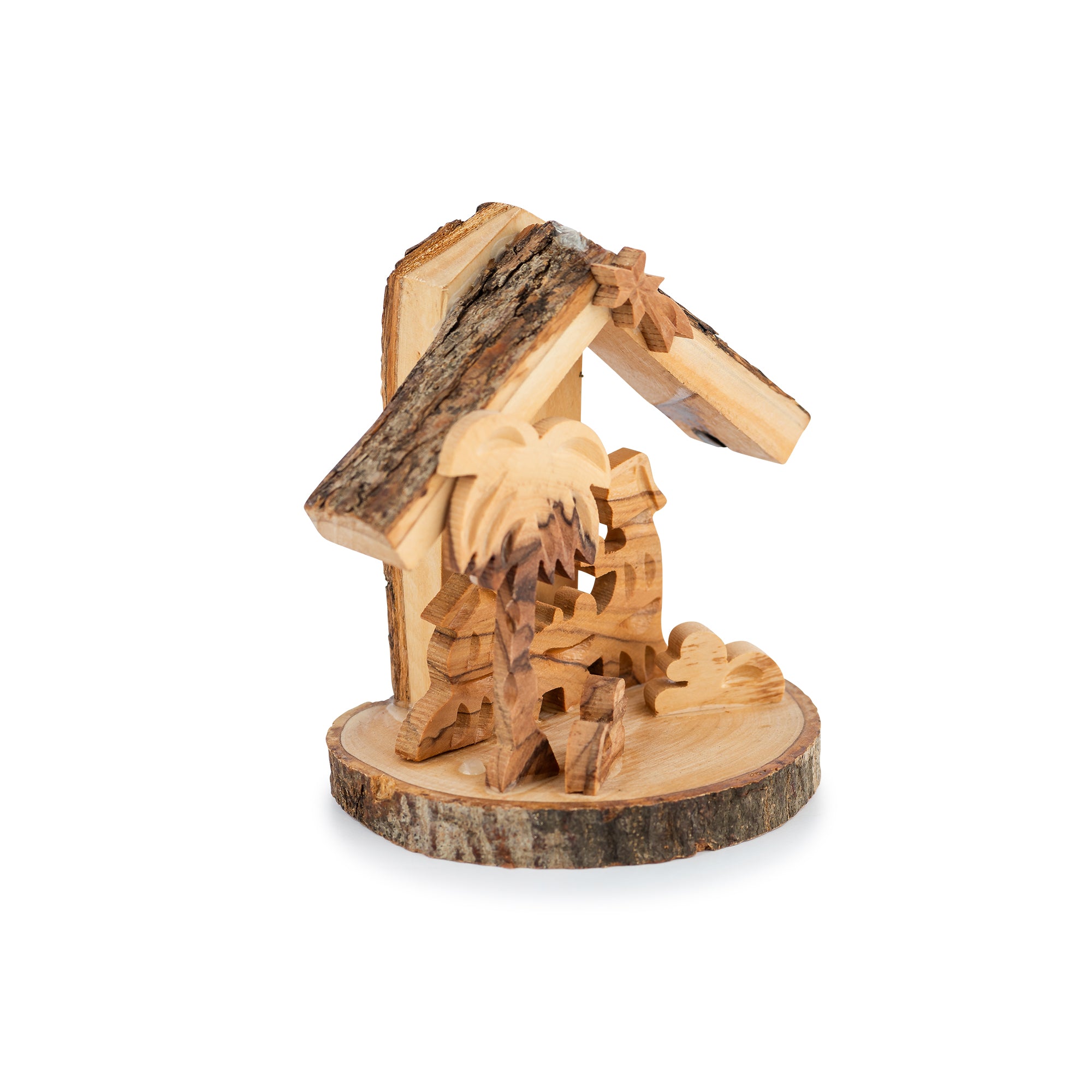 Small Olive Wood Nativity Scene on Round Base | Hand Carved Holy Land Manger | Christian Gift