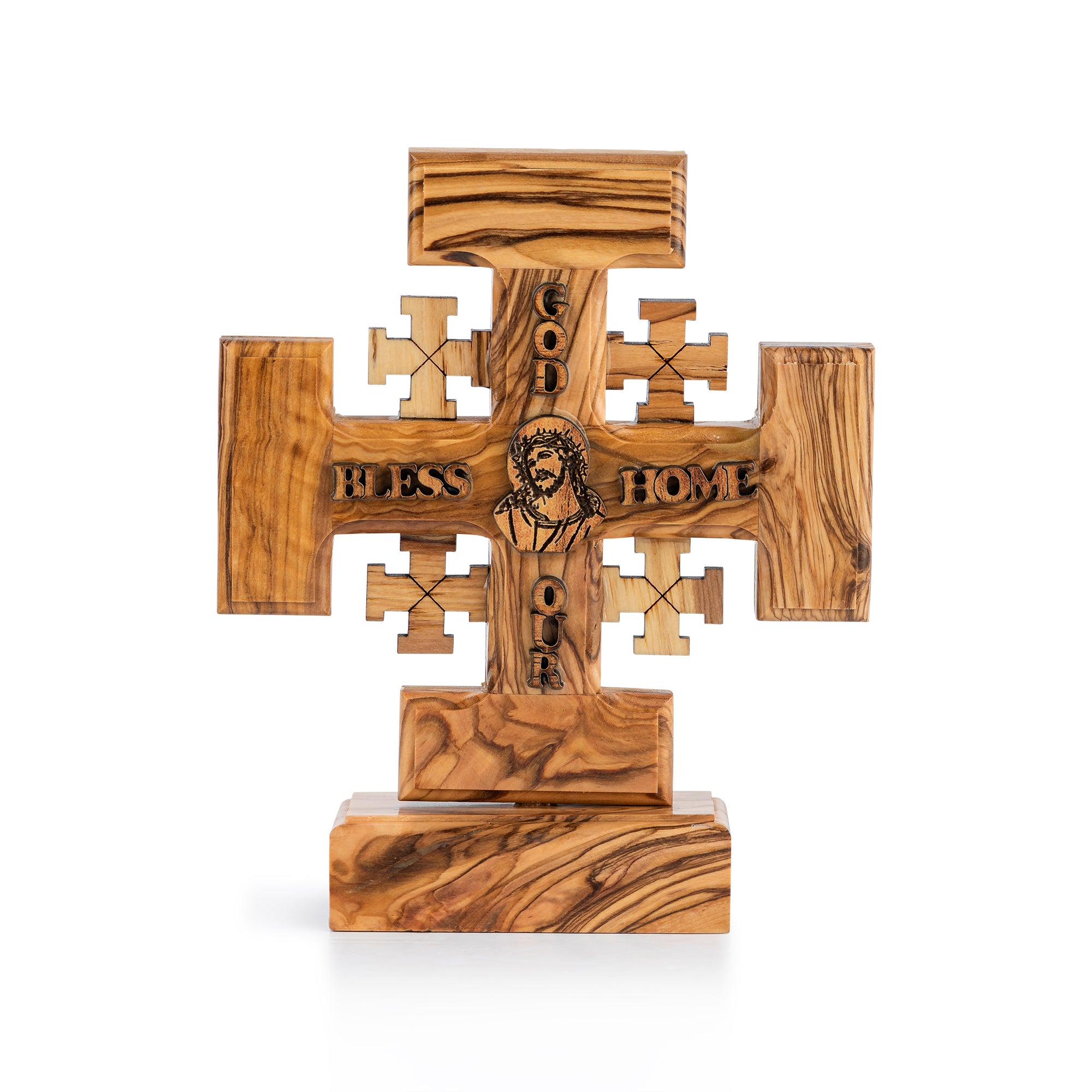 Olive Wood Jerusalem Cross "God Bless Our Home" | Hand Carved Christian Wall & Table Decor | Holy Land Gift