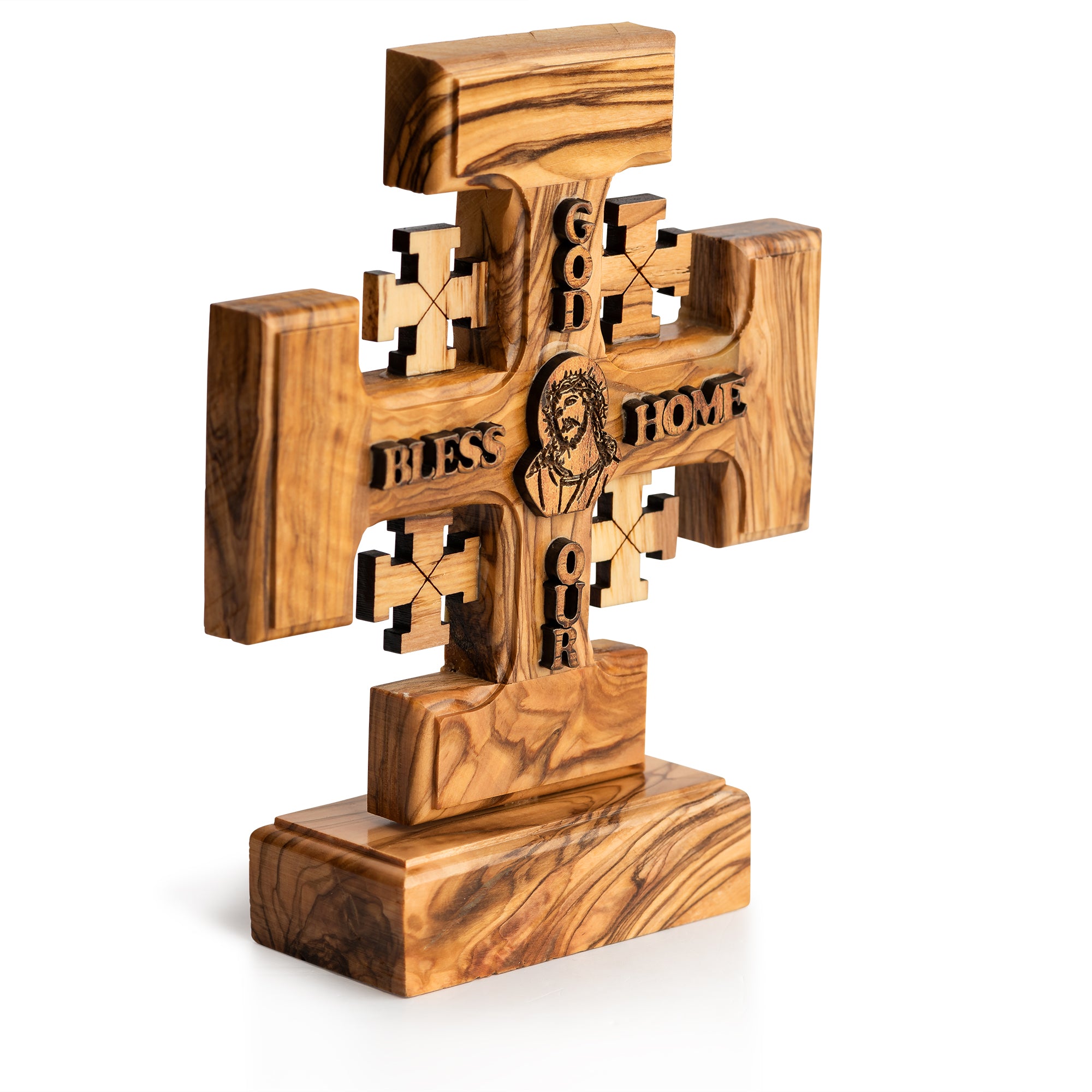 Olive Wood Jerusalem Cross "God Bless Our Home" | Hand Carved Christian Wall & Table Decor | Holy Land Gift