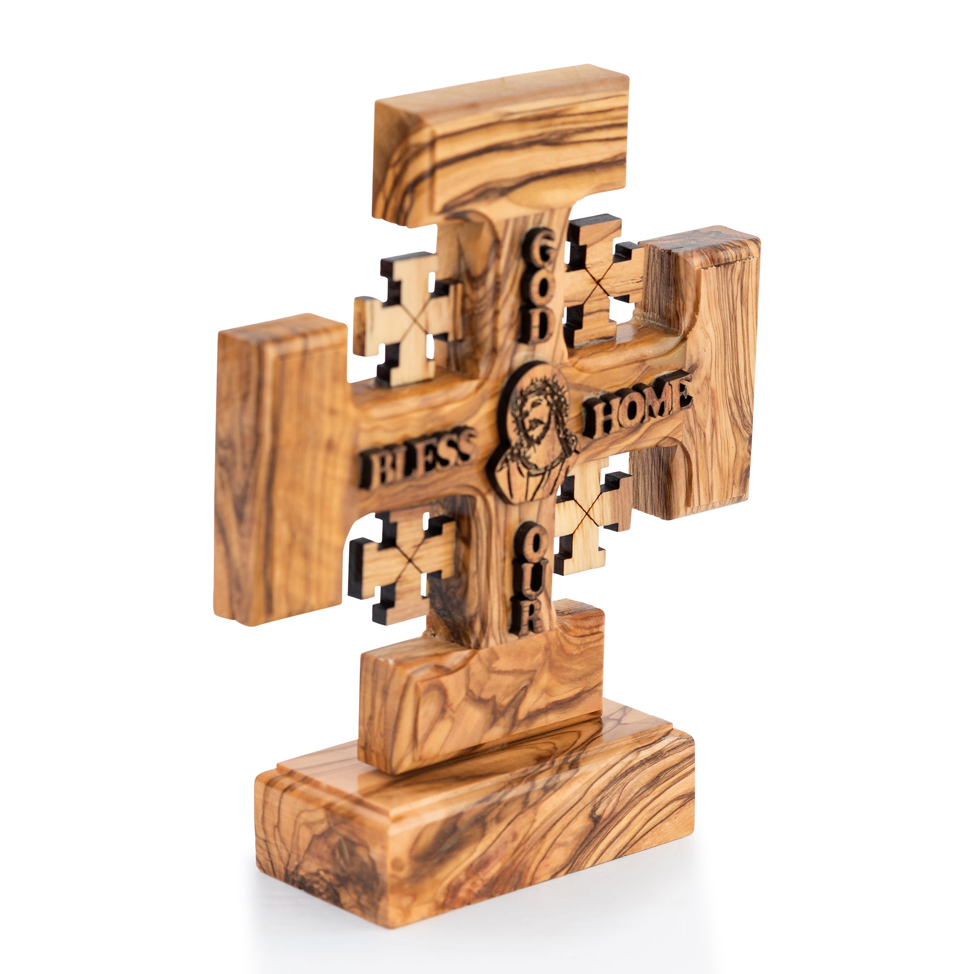 Olive Wood Jerusalem Cross "God Bless Our Home" | Hand Carved Christian Wall & Table Decor | Holy Land Gift
