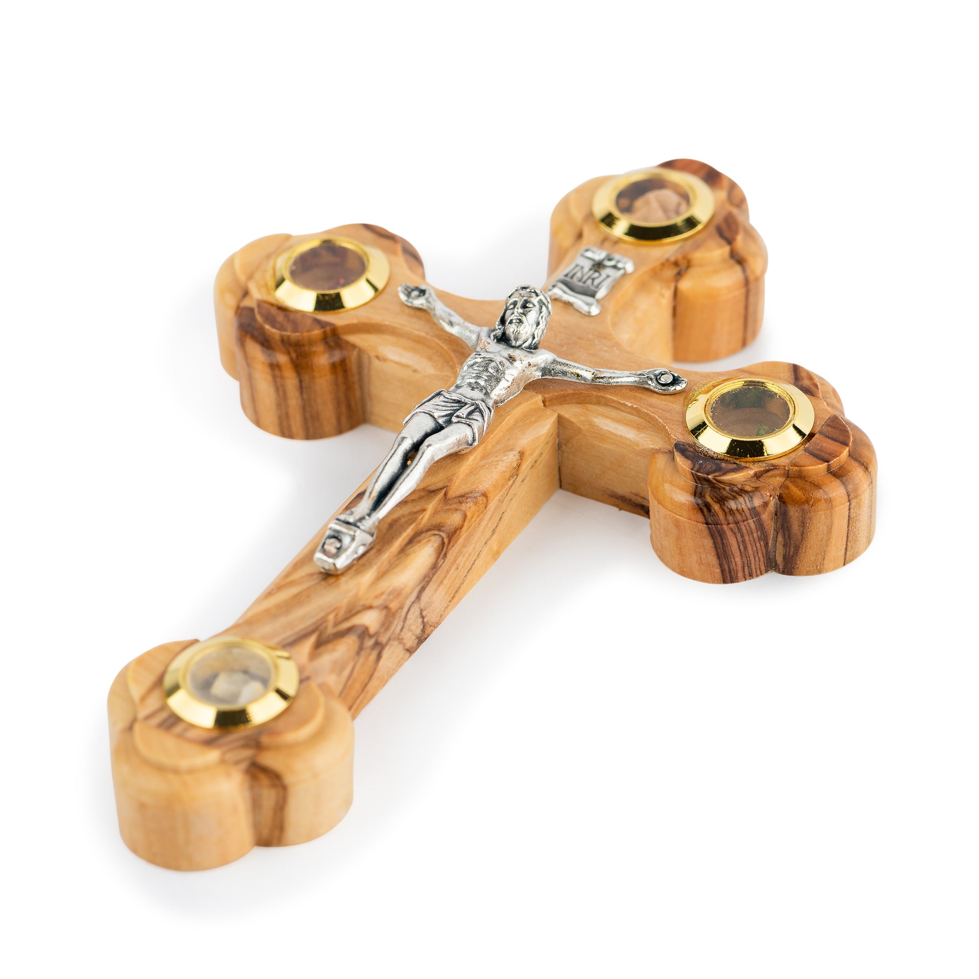 Olive Wood Crucifix with Relics & Metal Corpus | Hand Carved Holy Land Cross | Christian Faith Jewelry & Decor
