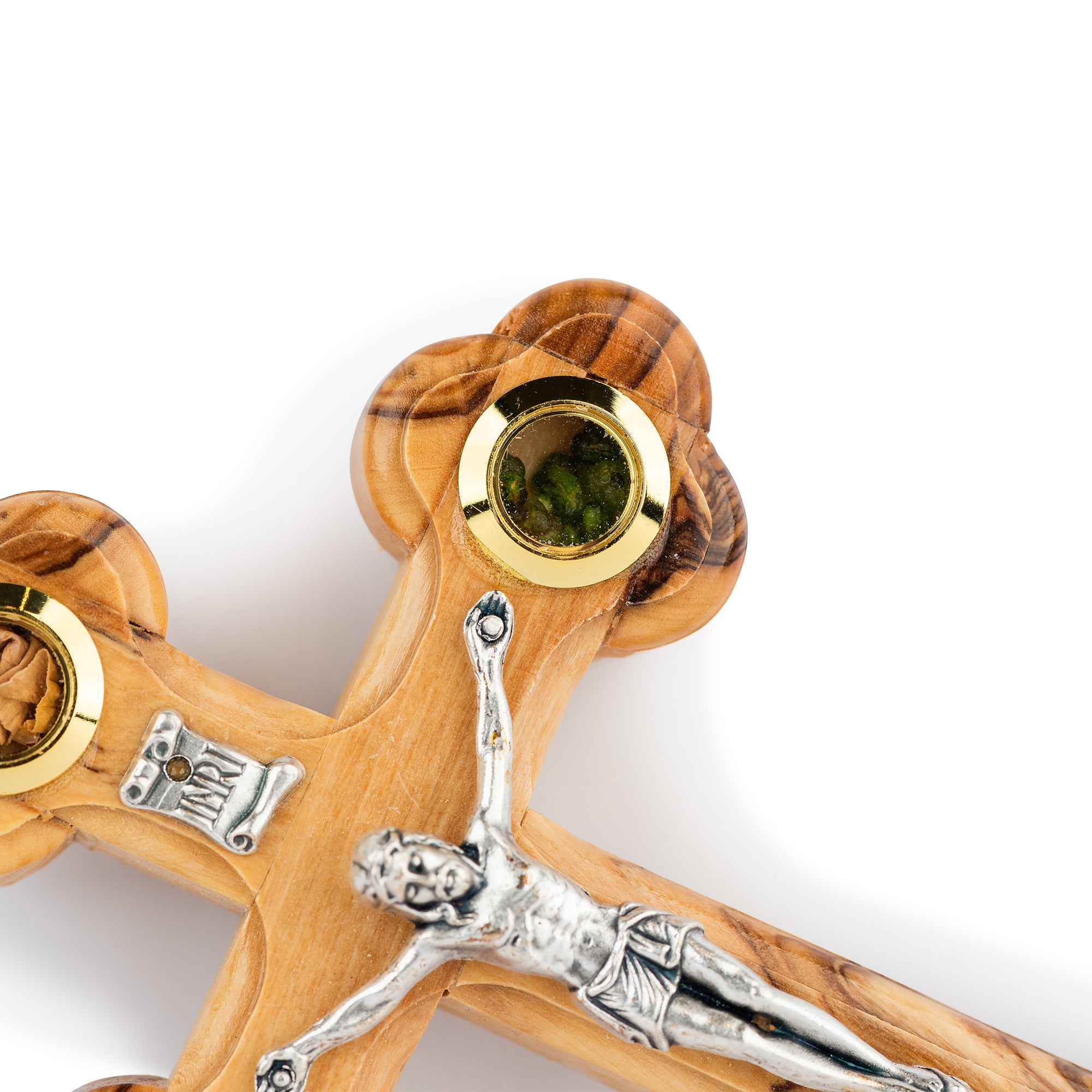 Olive Wood Crucifix with Relics & Metal Corpus | Hand Carved Holy Land Cross | Christian Faith Jewelry & Decor