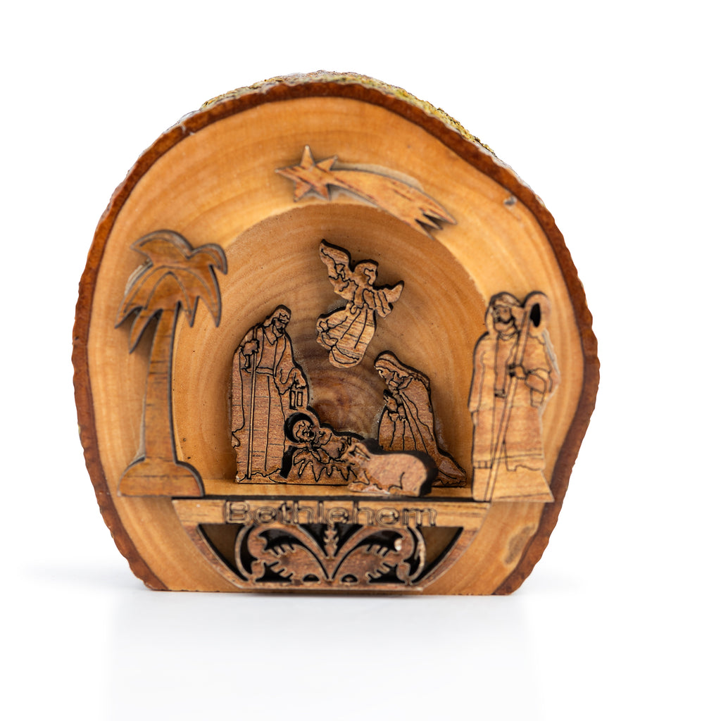 Olive Wood Bethlehem Nativity Scene on Wood Slice | Hand Carved Holy Land Manger | Christian Gift