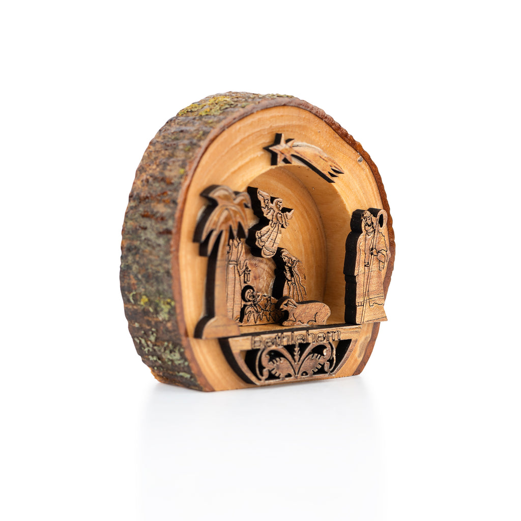 Olive Wood Bethlehem Nativity Scene on Wood Slice | Hand Carved Holy Land Manger | Christian Gift