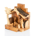 Olive Wood Stepped Nativity Scene with Angel & Palm Tree | Hand Carved Bethlehem Manger | Holy Land Christian Gift