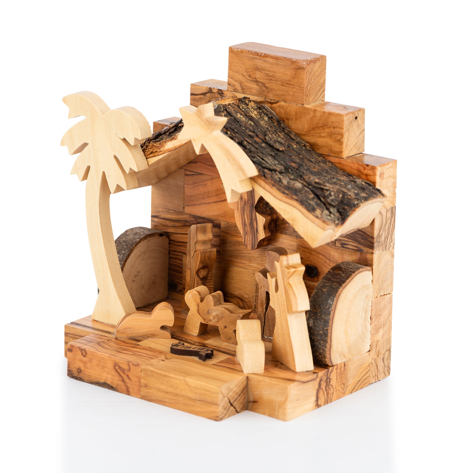 Olive Wood Stepped Nativity Scene with Angel & Palm Tree | Hand Carved Bethlehem Manger | Holy Land Christian Gift