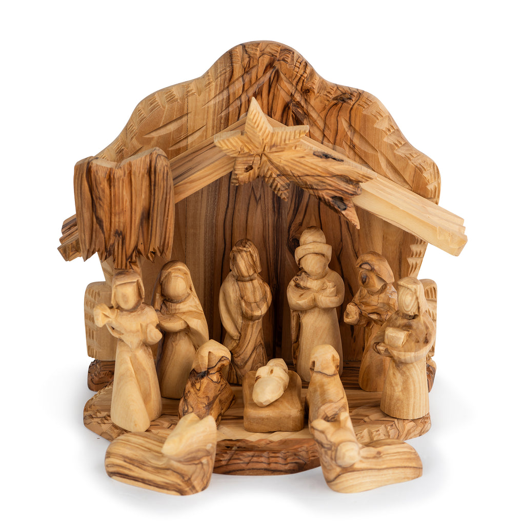 Large Olive Wood Nativity Scene with Stable | Hand Carved Holy Family & Shepherds | Holy Land Christian Gift