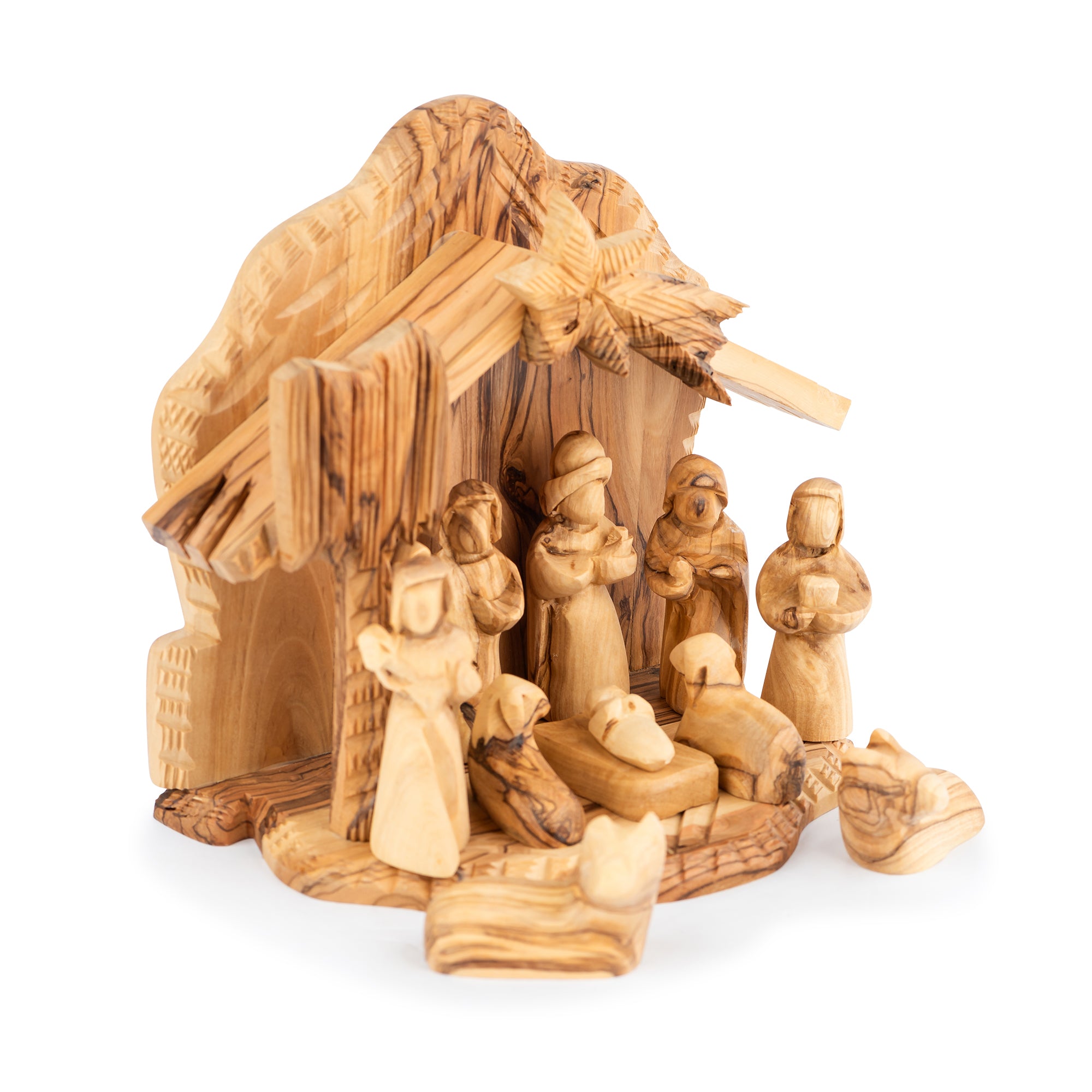 Large Olive Wood Nativity Scene with Stable | Hand Carved Holy Family & Shepherds | Holy Land Christian Gift