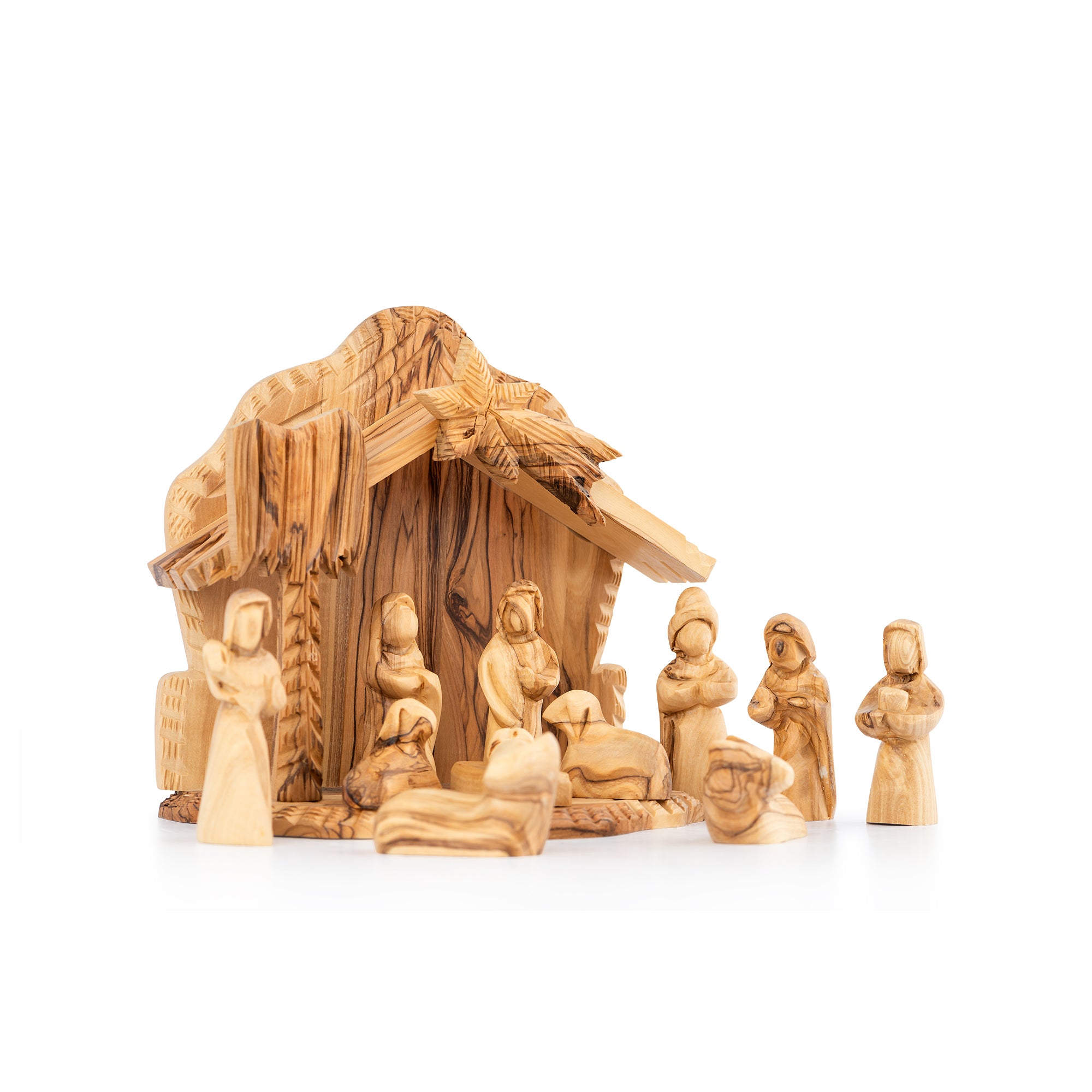 Large Olive Wood Nativity Scene with Stable | Hand Carved Holy Family & Shepherds | Holy Land Christian Gift