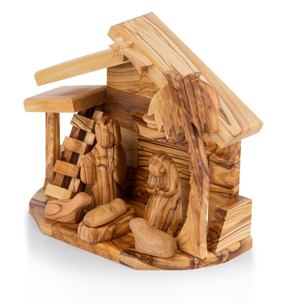 Olive Wood Nativity Stable with Palm Tree & Ladder | Hand Carved Holy Family | Holy Land Christian Gift