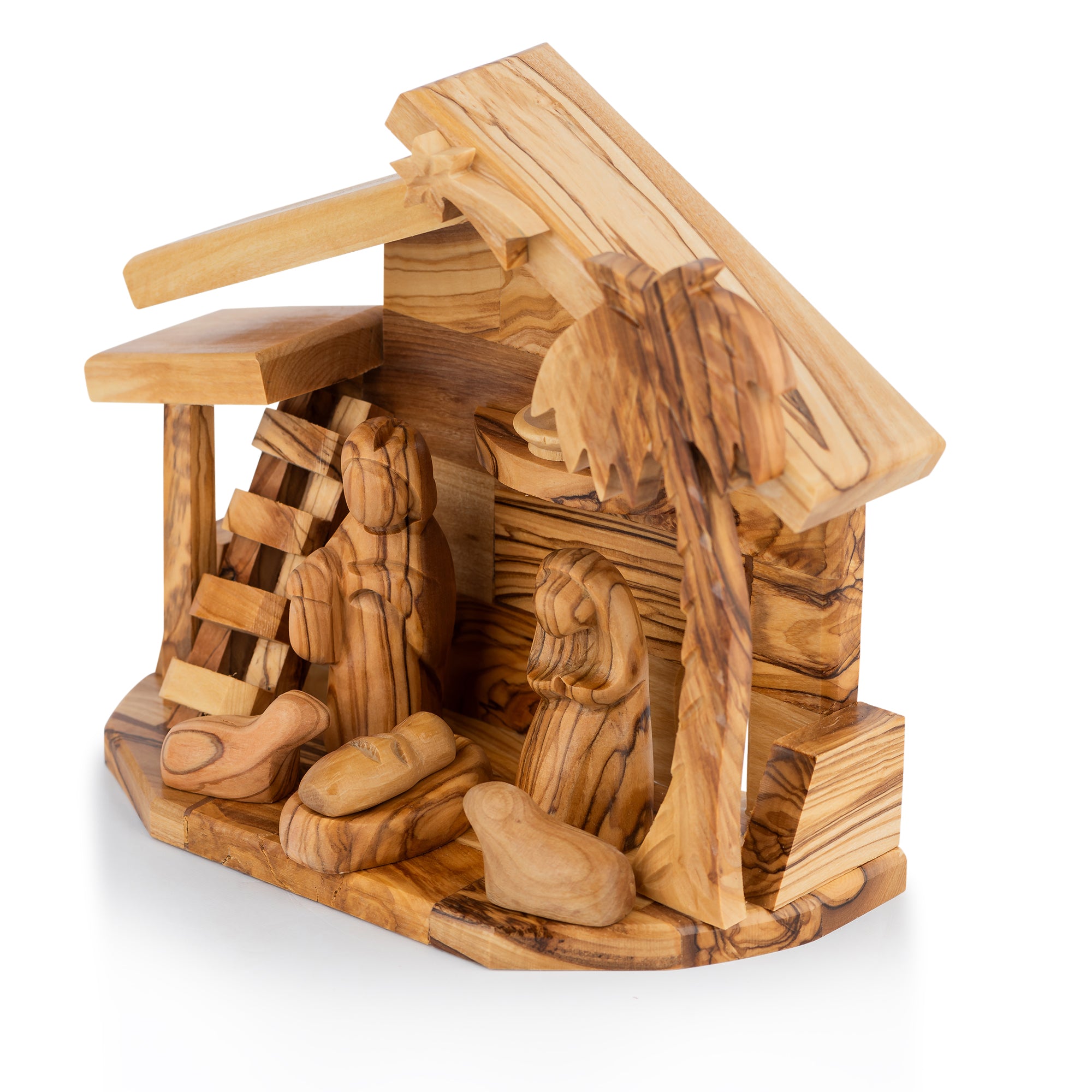 Olive Wood Nativity Stable with Palm Tree & Ladder | Hand Carved Holy Family | Holy Land Christian Gift