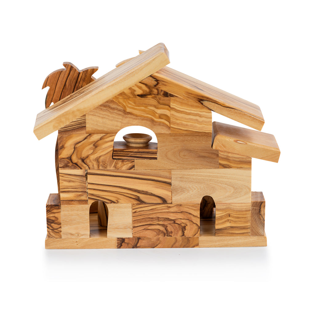 Olive Wood Nativity Stable with Palm Tree & Ladder | Hand Carved Holy Family | Holy Land Christian Gift
