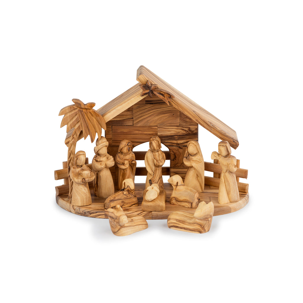 Olive Wood Round Nativity Scene with Stable & Palm Tree | Hand Carved Holy Family | Holy Land Christian Gift