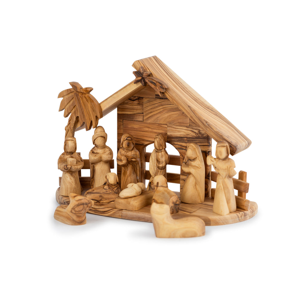 Olive Wood Round Nativity Scene with Stable & Palm Tree | Hand Carved Holy Family | Holy Land Christian Gift