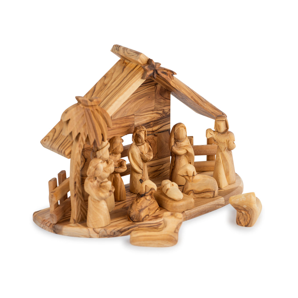 Olive Wood Round Nativity Scene with Stable & Palm Tree | Hand Carved Holy Family | Holy Land Christian Gift