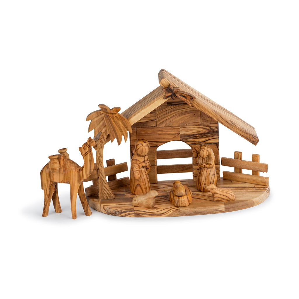 Olive Wood Round Nativity Scene with Camel & Stable | Hand Carved Holy Family | Holy Land Christian Gift