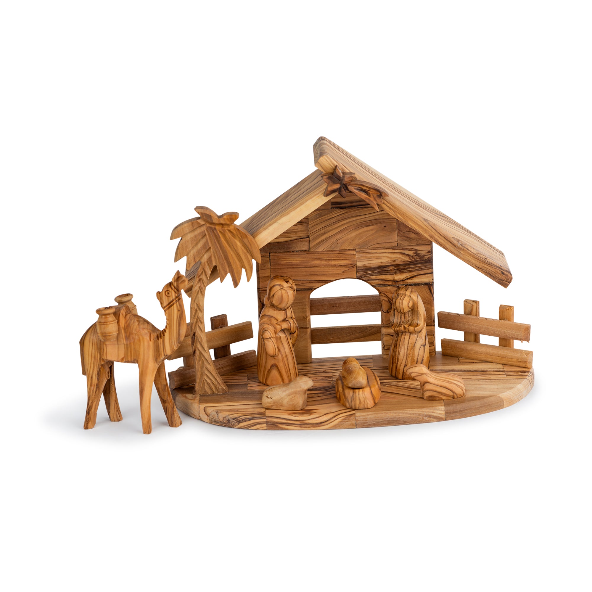 Olive Wood Round Nativity Scene with Camel & Stable | Hand Carved Holy Family | Holy Land Christian Gift