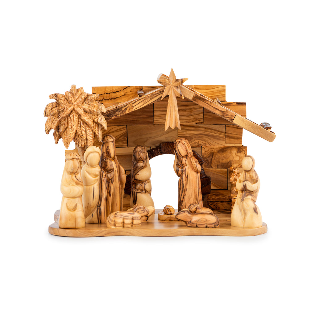 Olive Wood Nativity Scene with Detailed Stable & Palm Tree | Hand Carved Holy Family | Holy Land Christian Gift