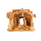 Olive Wood Nativity Scene with Detailed Stable & Palm Tree | Hand Carved Holy Family | Holy Land Christian Gift