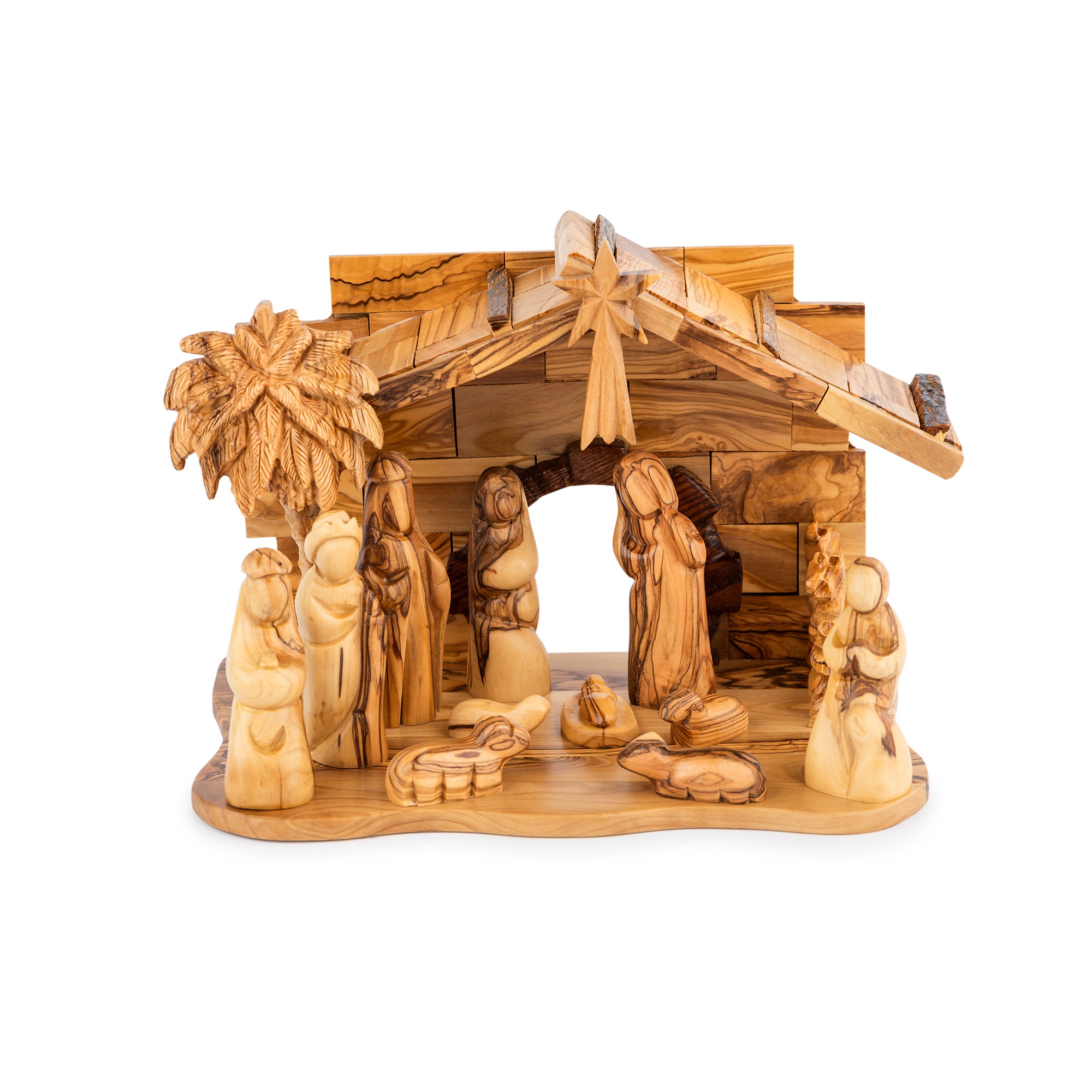Olive Wood Nativity Scene with Detailed Stable & Palm Tree | Hand Carved Holy Family | Holy Land Christian Gift