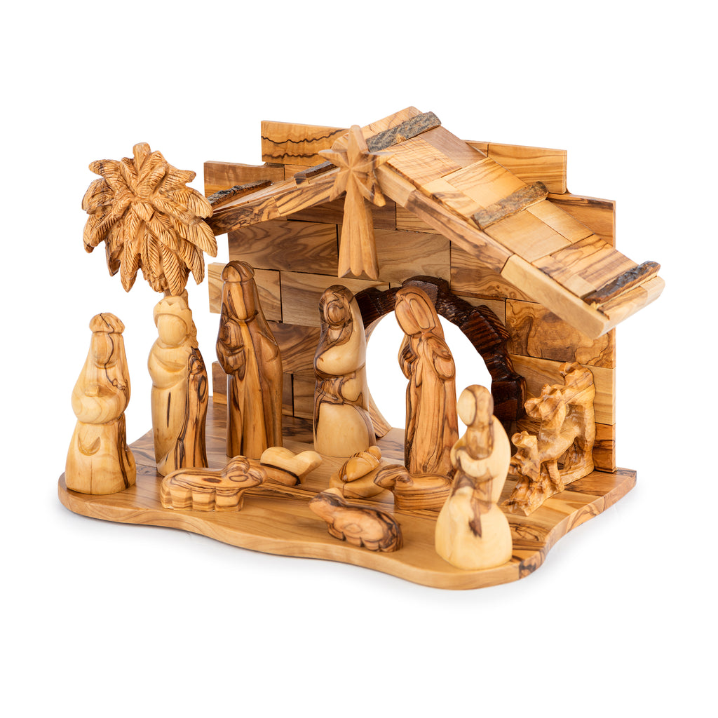 Olive Wood Nativity Scene with Detailed Stable & Palm Tree | Hand Carved Holy Family | Holy Land Christian Gift