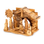 Olive Wood Nativity Scene with Detailed Stable & Palm Tree | Hand Carved Holy Family | Holy Land Christian Gift