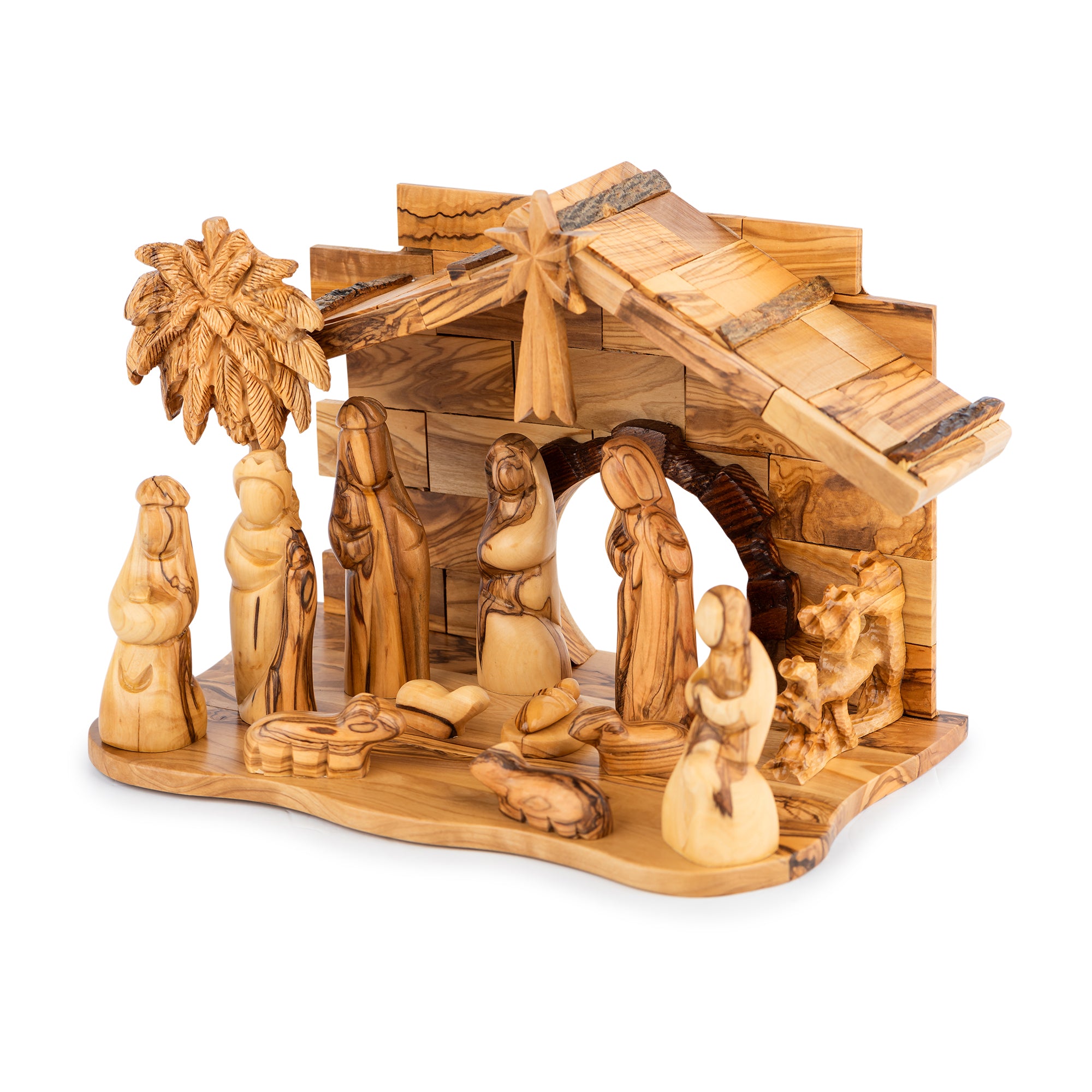 Olive Wood Nativity Scene with Detailed Stable & Palm Tree | Hand Carved Holy Family | Holy Land Christian Gift