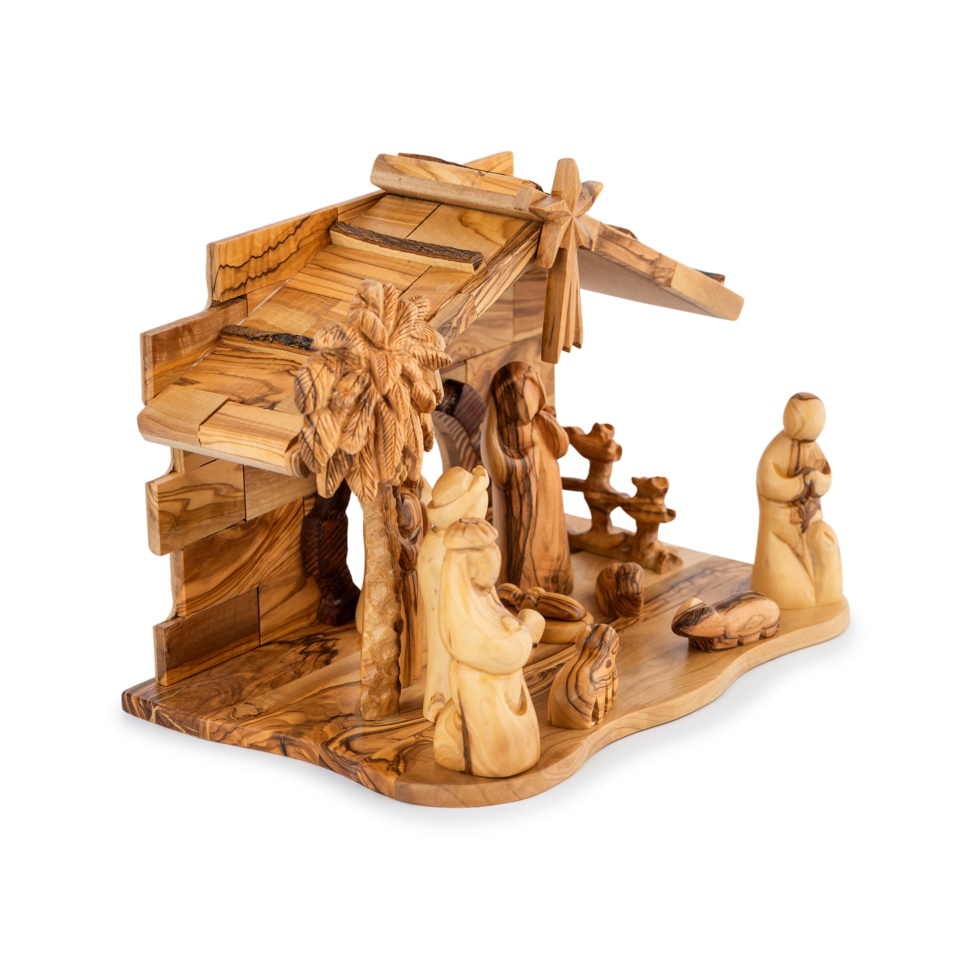 Olive Wood Nativity Scene with Detailed Stable & Palm Tree | Hand Carved Holy Family | Holy Land Christian Gift