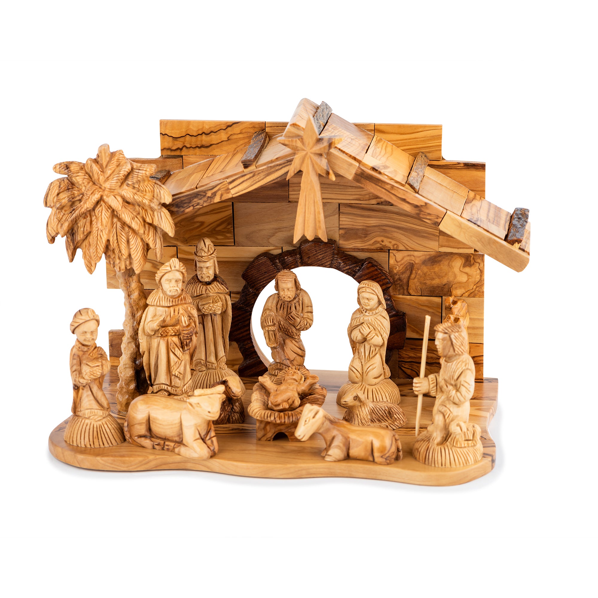 Olive Wood Nativity Scene with Detailed Stable & Palm Tree | Hand Carved Holy Family | Holy Land Christian Gift